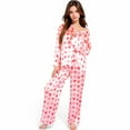 thumbnail image 3 of Women's Pink Heart Print Pajama Set with Button-Up Long Sleeve Top and Relaxed Fit Pants- Pink,Small, 3 of 7