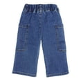 thumbnail image 2 of KIDSCOOL SPACE Baby Girls Wide-leg Cargo Jeans,Toddler Boy Elastic Waist with D-ring Loops Stretch Denim Pants,Mid Blue,18-24 Months, 2 of 6