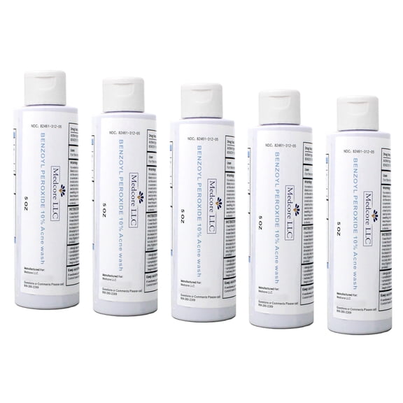 Medcore Benzoyl Peroxide 10% Acne Wash, 5 oz, Acne Treatment Face & Body Cleanser 5 Pack