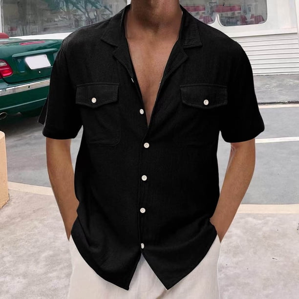 Ceisia Men's Relaxed Fit Short Sleeve Cuban Collar Cotton Linen Blend Shirt with Dual Chest Pockets Black XXXL Gifts