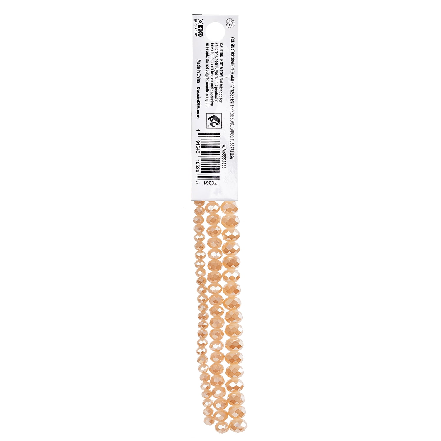 Cousin DIY 3-Strand Peach AB Glass Rondelle Beads 4/6/8 mm, 7 in/Strand, 88 Piece, Adult