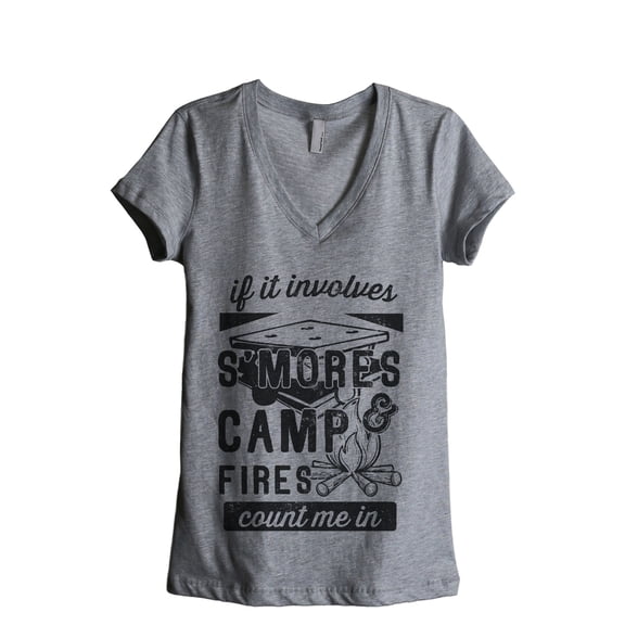 Smores and Campfires Count Me In Women's Fashion Relaxed V-Neck T-Shirt Tee Heather Grey Large