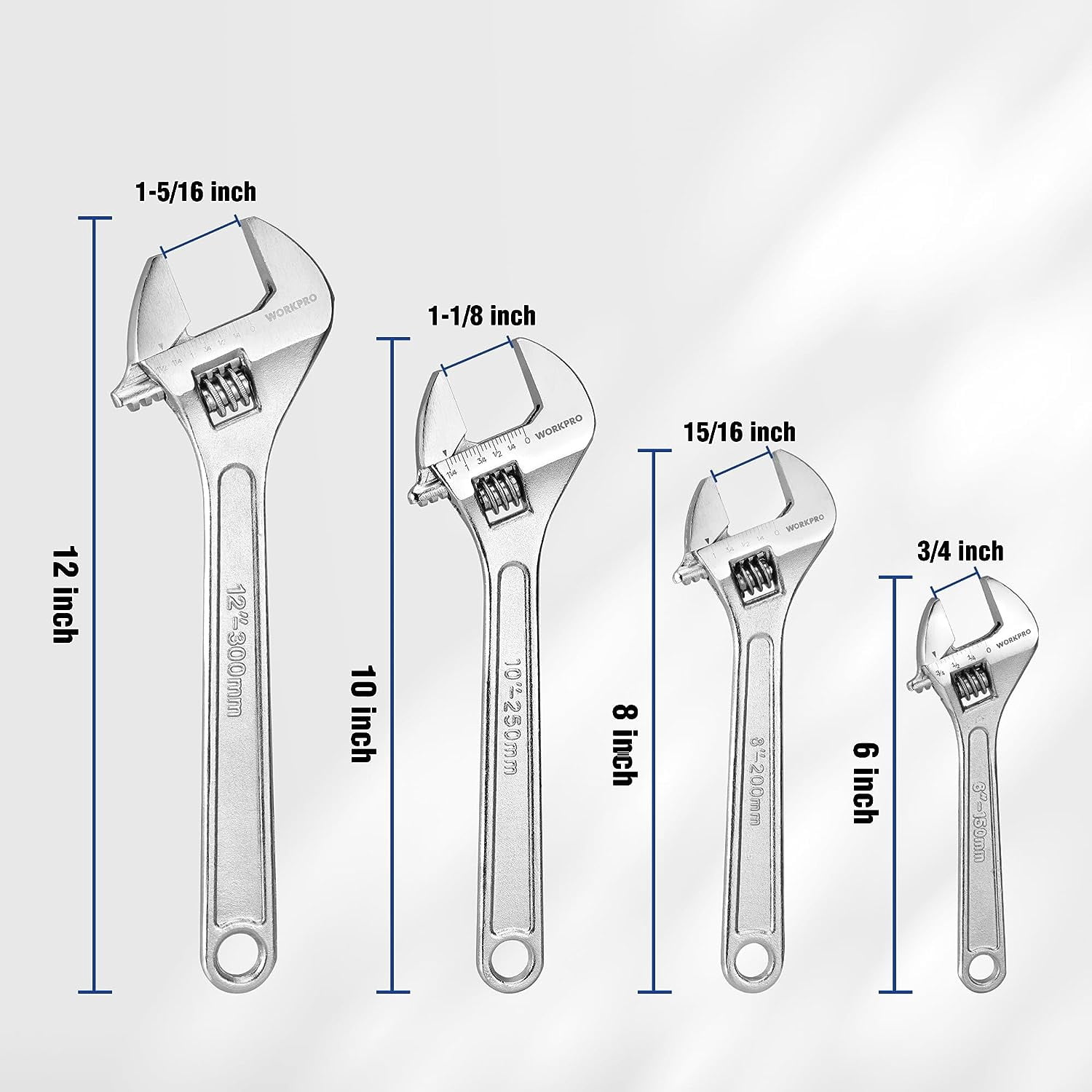4-piece Adjustable Wrench Set, Forged, Heat Treated, Chrome-plated (6-inch, 8-inch, 10-inch, 12-inch)