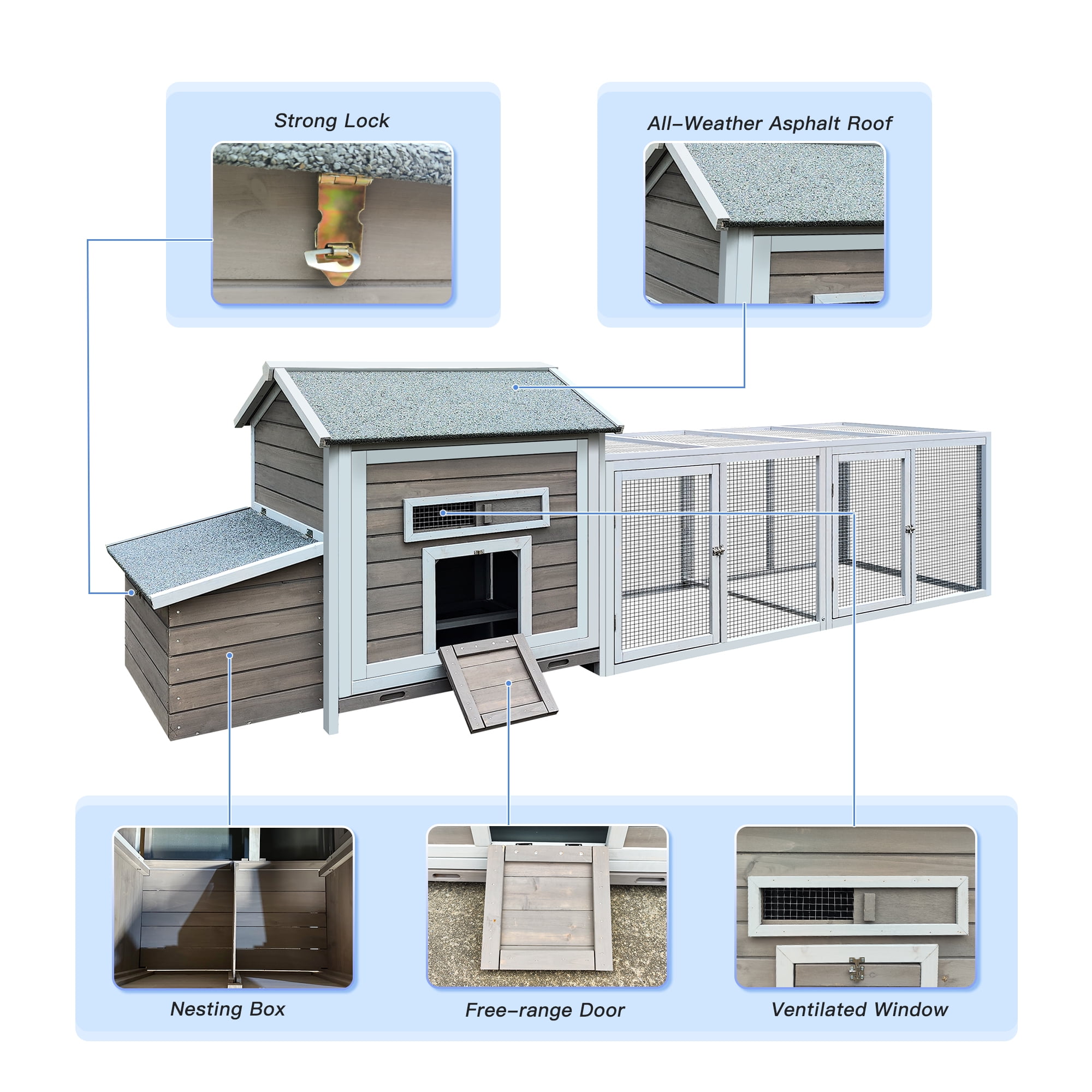 Pefilos 118" Chicken Coop for Outdoor with Ramp, Wood Hen House with Free-range Doors, Nesting Box, Leakproof Pull-on Tray, Large Bunny Poultry Cage, Gray