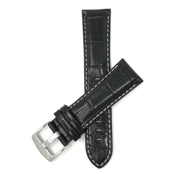 Extra Long (XL), 24mm Mens' Alligator Style Leather Watch Band Strap, White Stitching, Glossy Finish, Stainless Steel Buckle