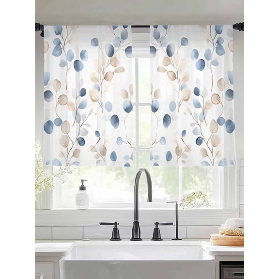 Blue Brown Botanical Sheer Curtains for Living Room Bedroom Summer Leaves Watercolor Elegant Sheer Curtains 45 Inch Long 2 Panels Set Light Filtering Curtain Window Treatments Drapes for Dining Room