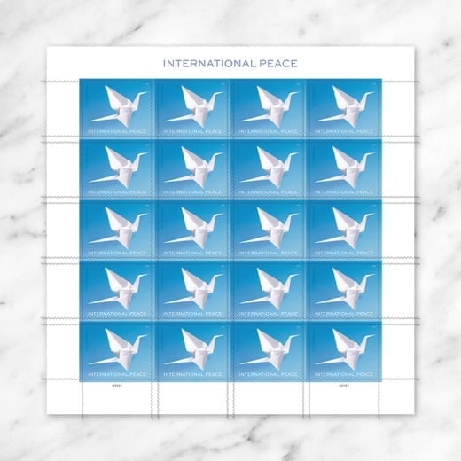International Peace USPS Forever Postage Stamp 1 Sheet of 20 Global Harmony White Origami Crane First-Class US Mail Letter Bird (20 Stamps)