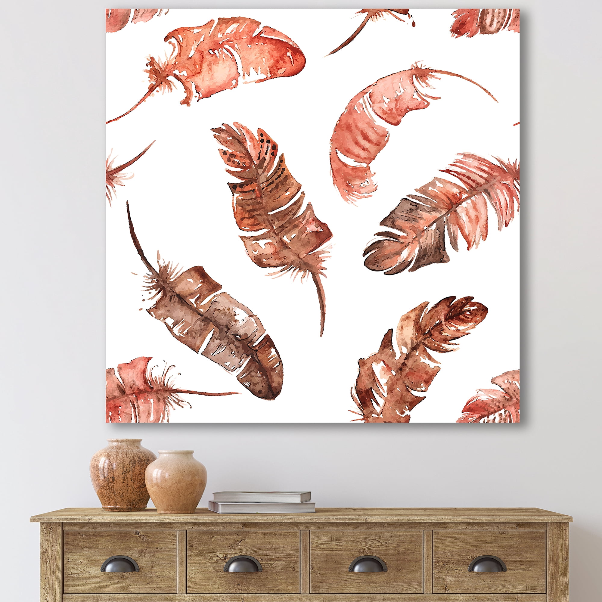 Designart ' Ethinic Orange Feathers On White ' Bohemian & Eclectic Canvas Wall Art Print