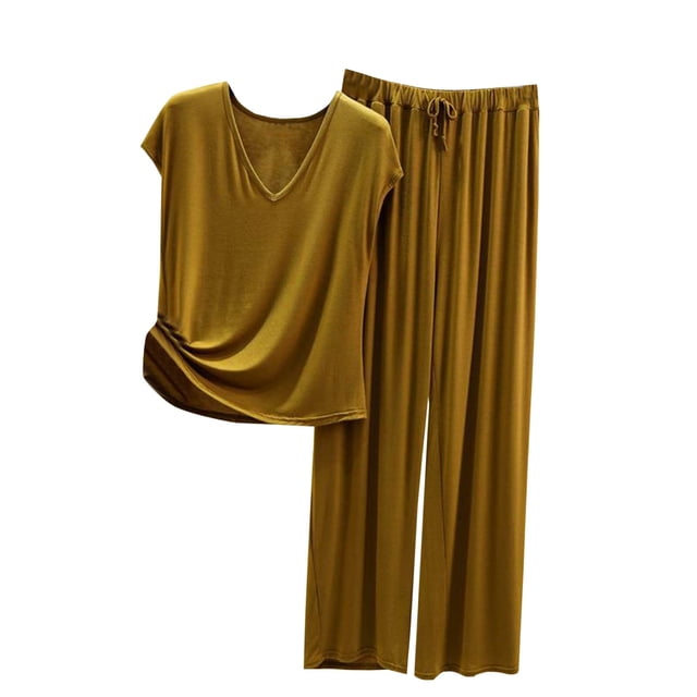 Yuyuzo Womens Pajama Set 2 Piece Short Sleeve V Neck Top Homewear Drawstring Pants Fall Comfy Pj Sets