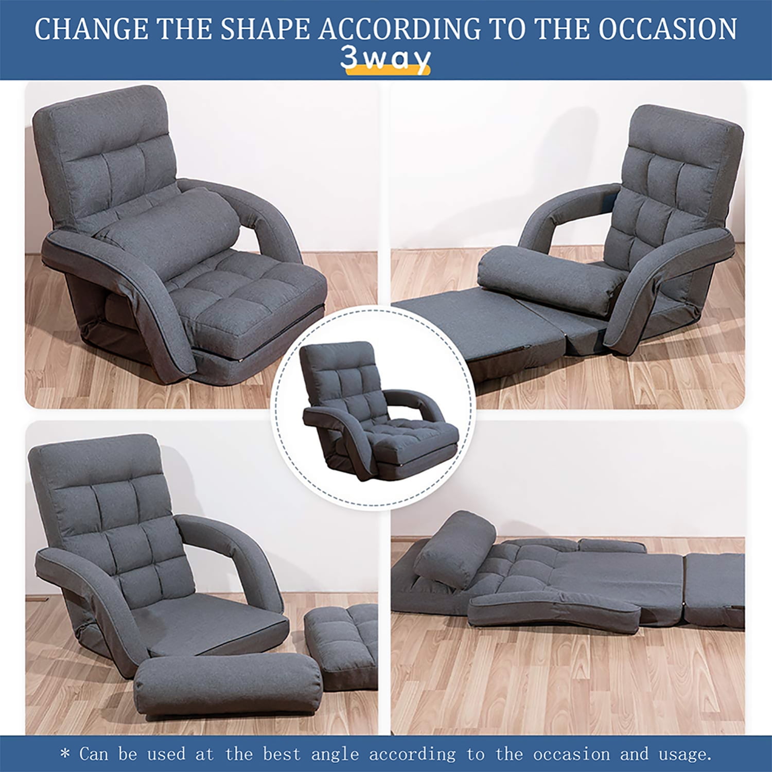 Kadyn Adjustable Floor Chair,Folding Lazy Sofa with Armrests and a Pillow Padded, Floor Chair Sofa for Living Room, Bedroom, Grey Kadyn Adjustable Floor Chair,Folding Lazy Sofa with Armrests and a Pillow Padded, Floor Chair Sofa for Living Room, Bedroom, Grey