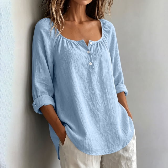 Neewe Womens Solid Color Shirts Cotton Linen 3/4 Sleeve Dress Shirts Casual Summer Tops Comfy Daily Outfits