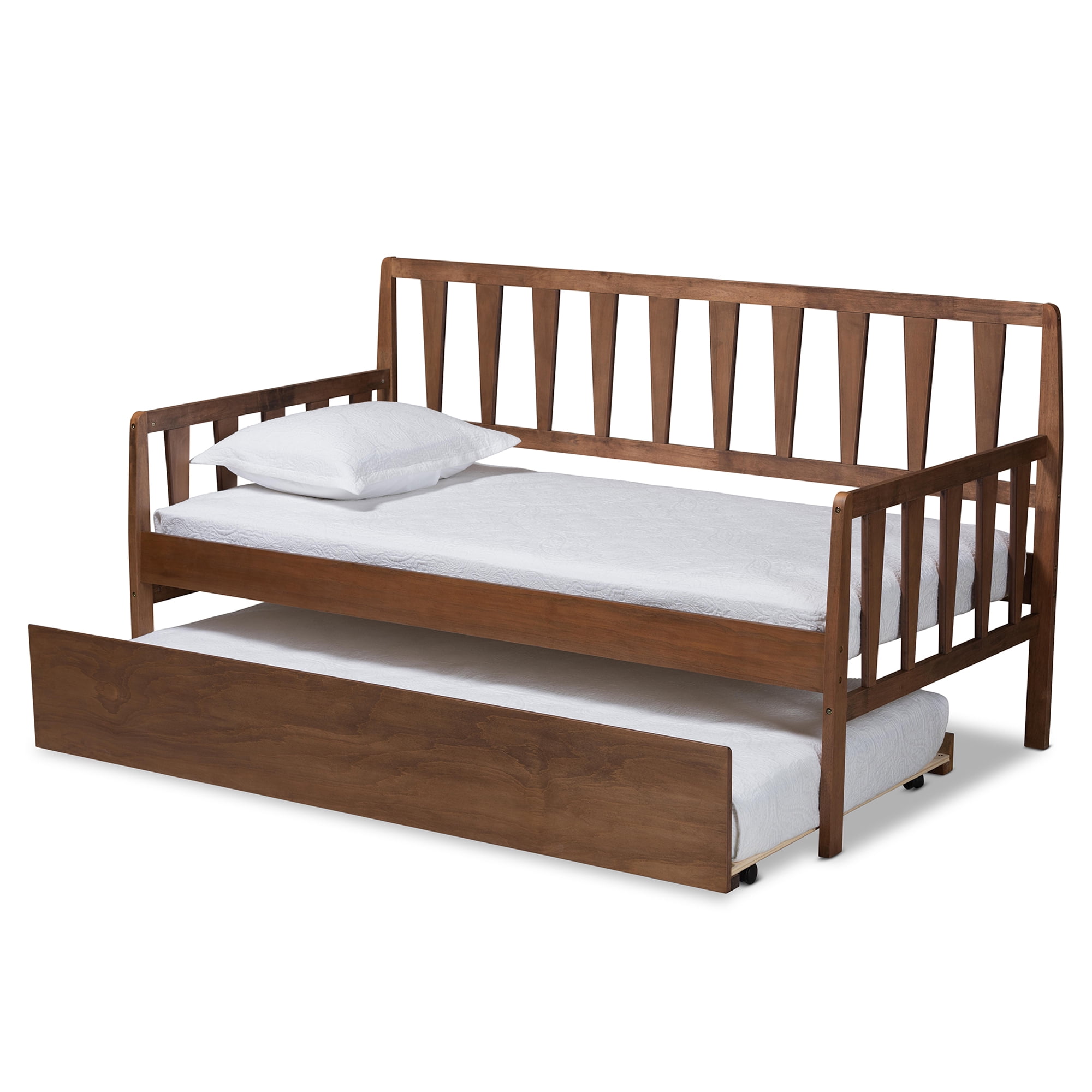 Baxton Studio Midori Modern and Contemporary Transitional Walnut Brown Finished Wood Twin Size Daybed with Roll-Out Trundle Bed
