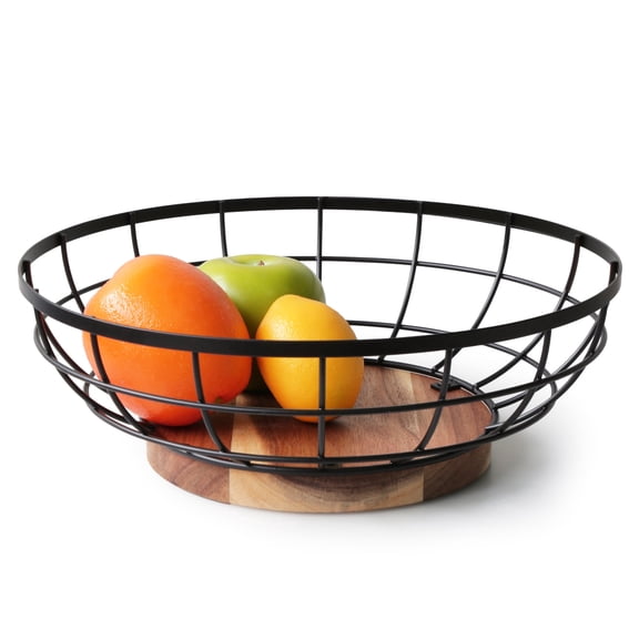 Fruit Basket,black Wire Basket with Acacia Wood Base,large Fruit Bowl for Countertop,black Baskets for Fruits, Breads, Vegetables Storage. (12-inch)