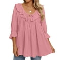 thumbnail image 5 of iHengLiXing Spring Tops for Womens Dressy Casual Women's Short Sleeved V-neck Top/shirt Women's Casual Shirt 3/4 Sleeved V-neck Ruffled Top Business Women's 2024 Summer Fashion Work Shirt Pink XL, 5 of 6