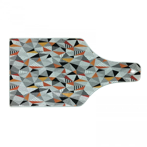 Geometric Cutting Board, Polygonal Pattern Checkered Design Triangles and Lines Pattern Modern Art, Tempered Glass Cutting and Serving Board, Wine Bottle Shape, Orange Black White, by Ambesonne