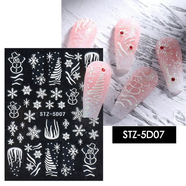 Adhesivo para uñas de resina 5D con diseño de copo de nieve navideño tridimensional en forma de V francés