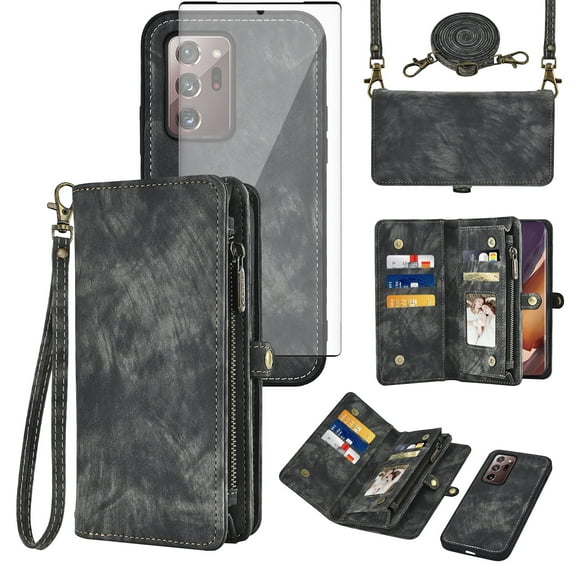 Asuwish Compatible with Samsung Galaxy Note 20 Ultra 5G Phone Case Zipper Wallet Screen Protector Strap Flip Card Holder Cell Cover for Note20 Plus Notes 20Ultra Note20 U 20 Twenty Not S20 Black