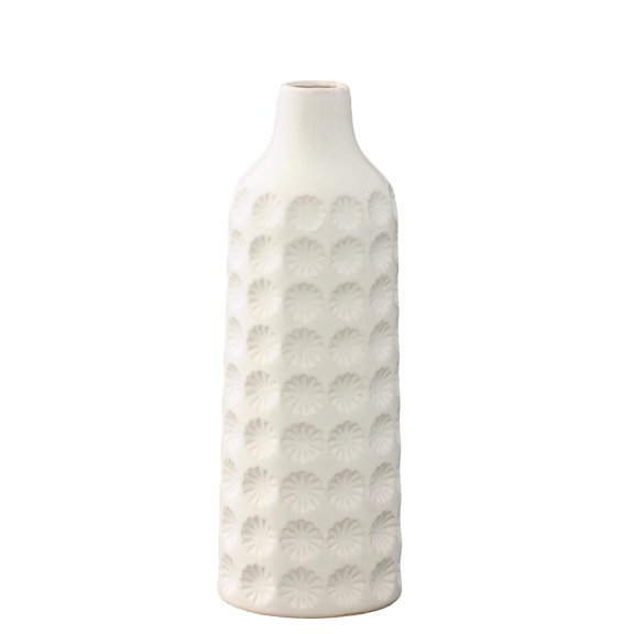 Ceramic Round Bottle Vase with Narrow Mouth and Debossed Clover Pattern Design Body LG Gloss Finish White