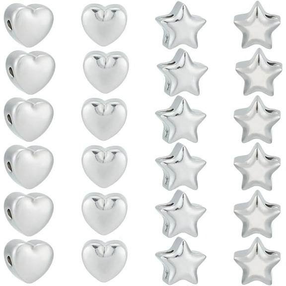 24Pcs 2 Style 304 Stainless Steel Beads Star & Heart Stainless Steel Color 6x6~6.5x4mm Hole: 1.5mm 12pcs/style