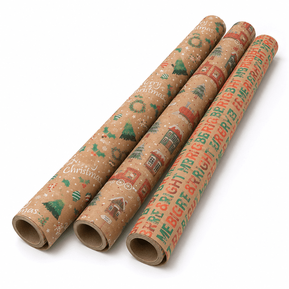 Caneden 3‑Pack Kraft Wrapping Paper Rolls, Merry & Bright Lettering, Christmas Ornament & North Pole Train Prints, 42 sq ft Total, Christmas Holiday Gift Wrap