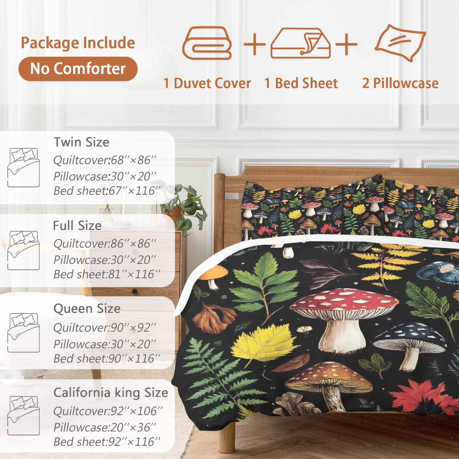 Farm Mushroom Duvet Cover Set King Size, Leaf Fern Plant Retro Black Background 4 Piece Soft Microfiber Bedding Set with 1 Duvet Cover, 1 Flat Sheet, 2 Pillowcases