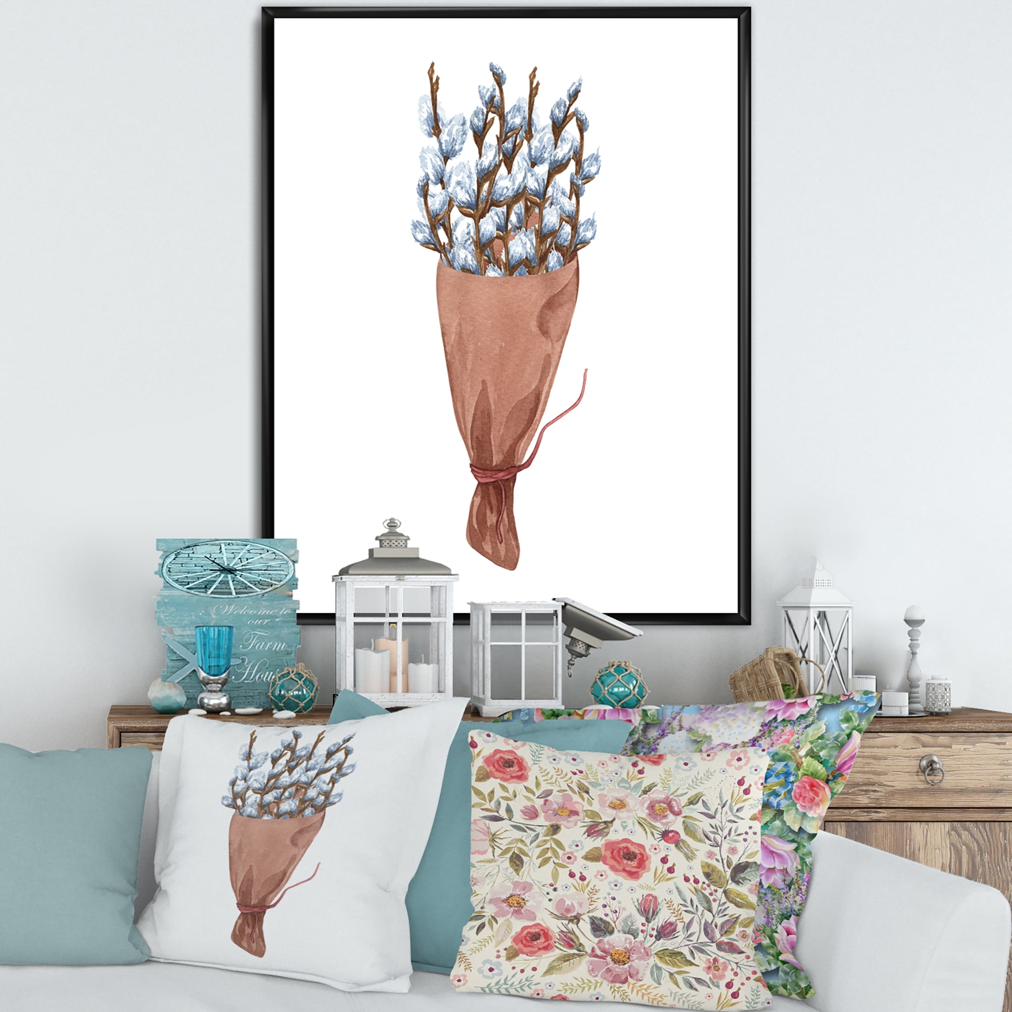 Designart 'Bunch of White Pussy Willow Twigs I' Farmhouse Framed Canvas Wall Art Print