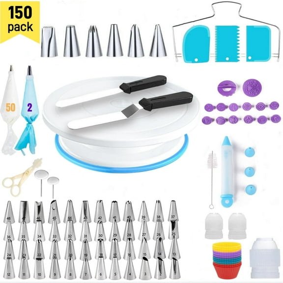 BSHAPPLUS® 150 Pcs Cake Decorating Supplies Set,Cupcake Decorating Supplies,Baking Supplies Tools,Piping Bags and Tips Set with Cake Turntable,Cake Pans,Frosting Bags,Icing Tips Pastry,Cake Scrapers