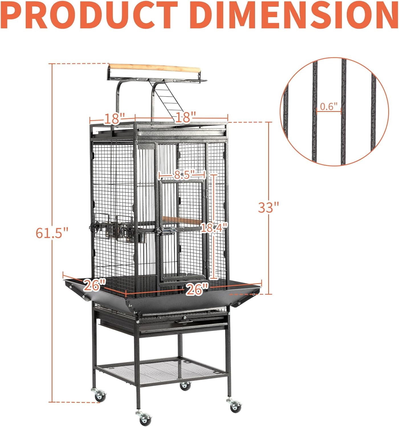 65-Inch Wrought Iron Bird Cage with Playtop | Durable Large Flight Cage with Ladder & Rolling Stand for Parrots, Cockatiels, Budgies, Lovebirds, Small/Medium Birds