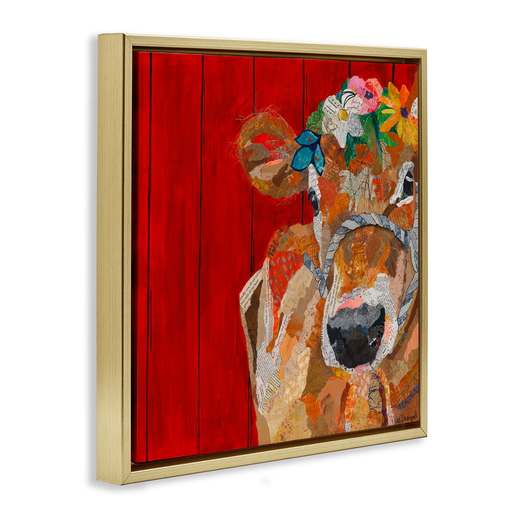 Stupell Industries Red Barn Cow Collage Animals Painting Gold Floater Framed Canvas Art Print Wall Art, 25 x 25