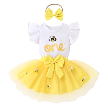 Younger Tree 1st Birthday Girl Outfit Baby Bee Short Sleeve Romper Top Tutu Princess Skirt Clothes Set for 6-12 Months