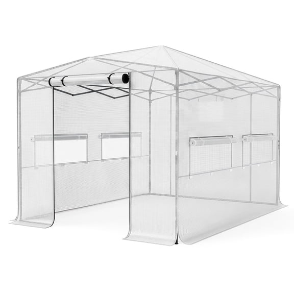 8'×12' Walk-in Greenhouse, PE Mesh Plant Green House with Roll-up Zipper Door & Side Windows, Sprayed Iron Frame Outdoor Gardening Greenhouse Tent, White
