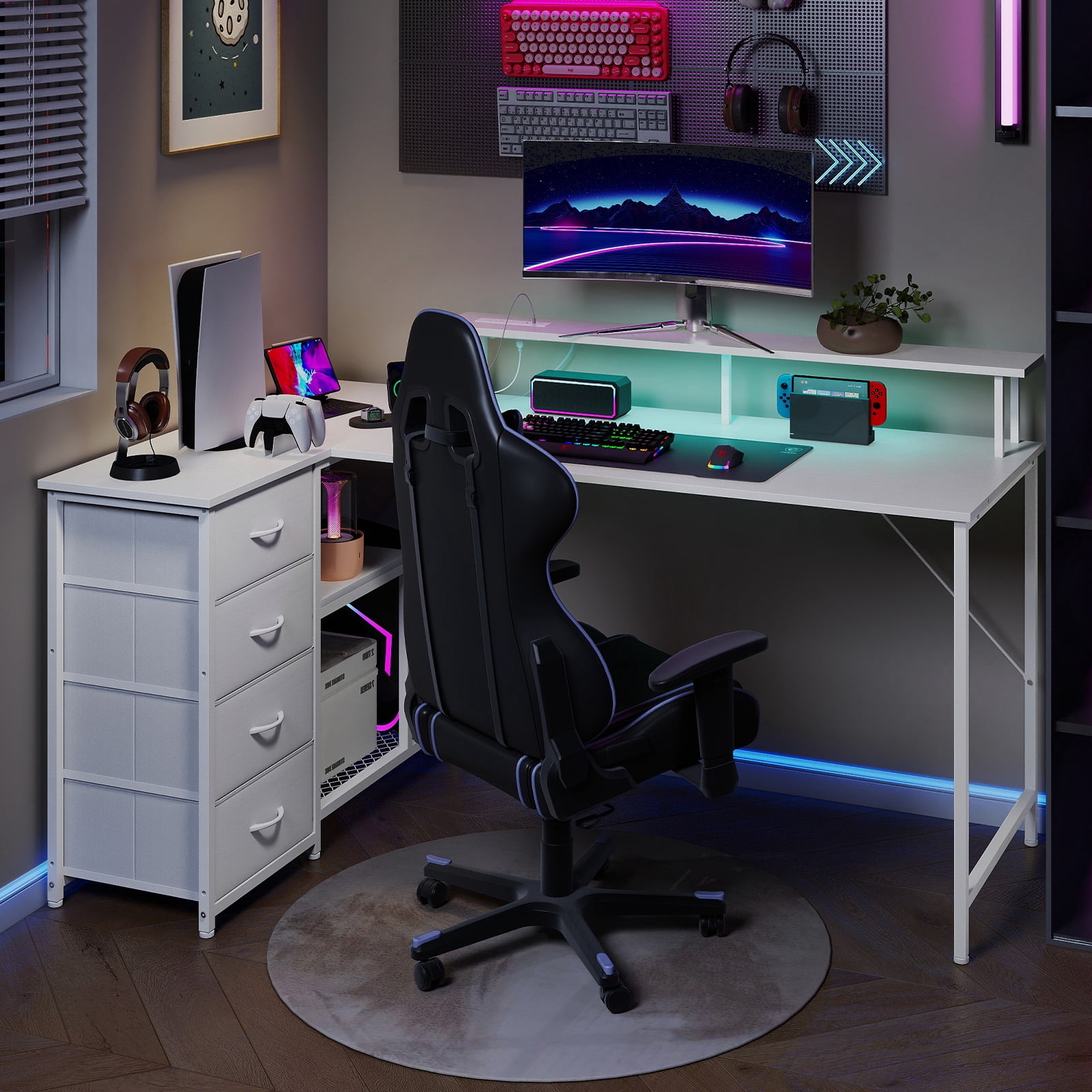 Eunos 61 inch L Shaped Gaming Desk with Power Outlets & LED Light, Computer Desk with 4 Tiers Drawers for Home Office, White
