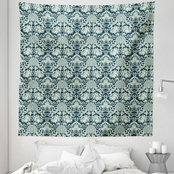 Vintage Tapestry, Victorian Baroque Foliage Leaves Pattern with Ornamental Swirls, Fabric Wall Hanging Decor for Bedroom Living Room Dorm, 5 Sizes, Sage Green Dark Blue, by Ambesonne