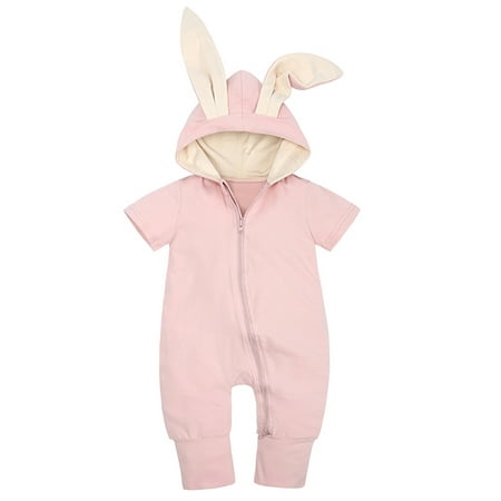

Zlekejiko Toddler Boys Girls Solid Zipper Hooded Rabbit Bunny Casual Romper Jumpsuit Playsuit Sunsuit Clothes 18M