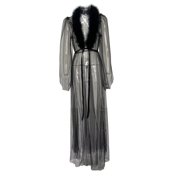 see through gown with fur