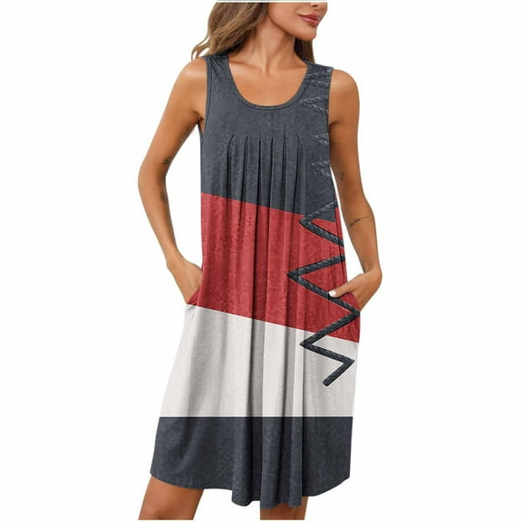 Fmbrln Womens Summer Dress Casual Sleeveless Pleated Color Block Sundress Holiday Beach Midi Dress with Pockets