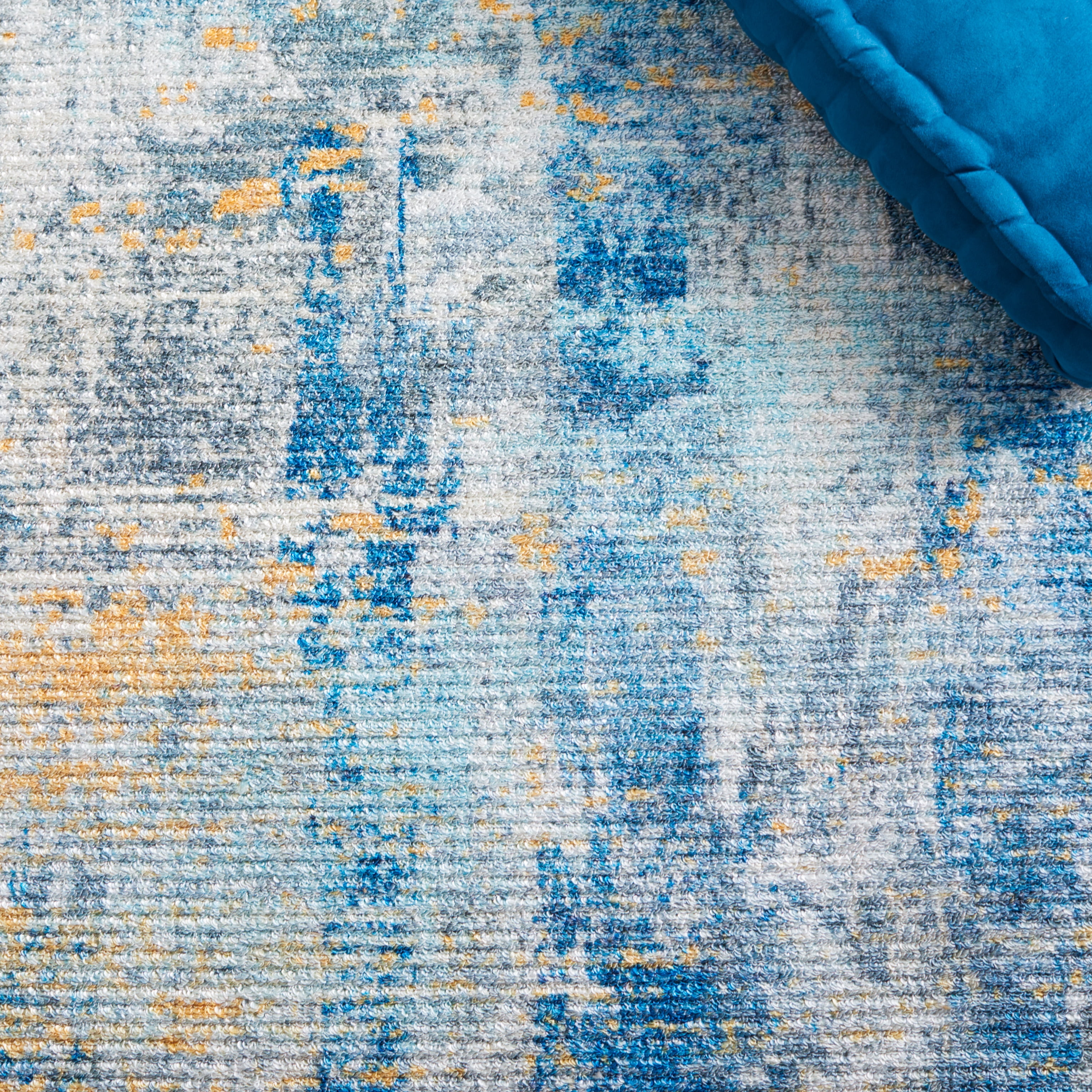 SAFAVIEH Sequoia Utica Abstract Polyester Machine Washable Area Rug, Ivory Blue/Gold, 5'5" x 7'6"