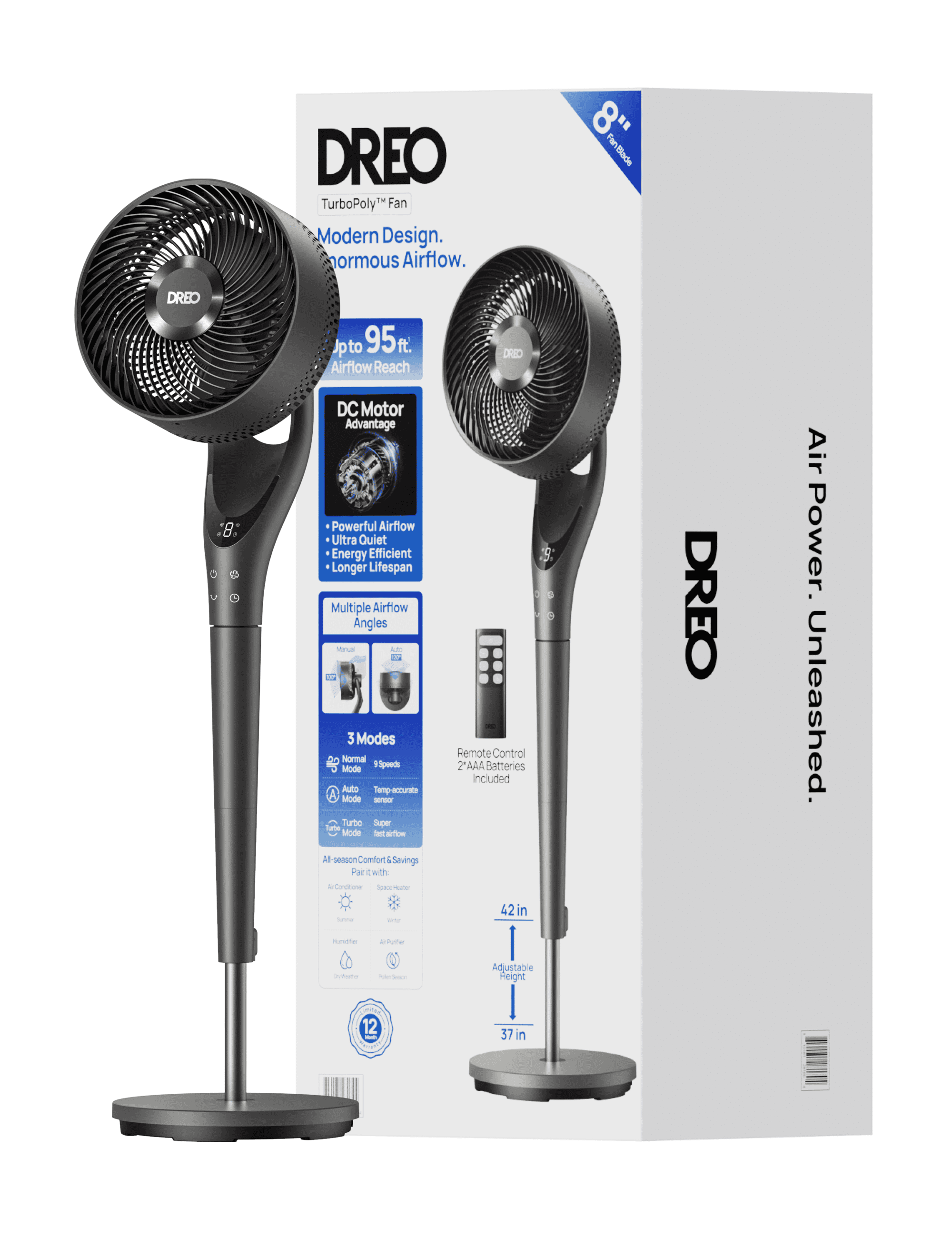 DREO Pedestal Fan for Bedroom, 90-degree Oscillating Standing Fan, Quiet Floor Fan with DC Motor, 95ft of Air Flow, 9 Speeds, 3 modes, 25dB, 120-degree Manual Tilt, Adjustable Height, Timer, Remote