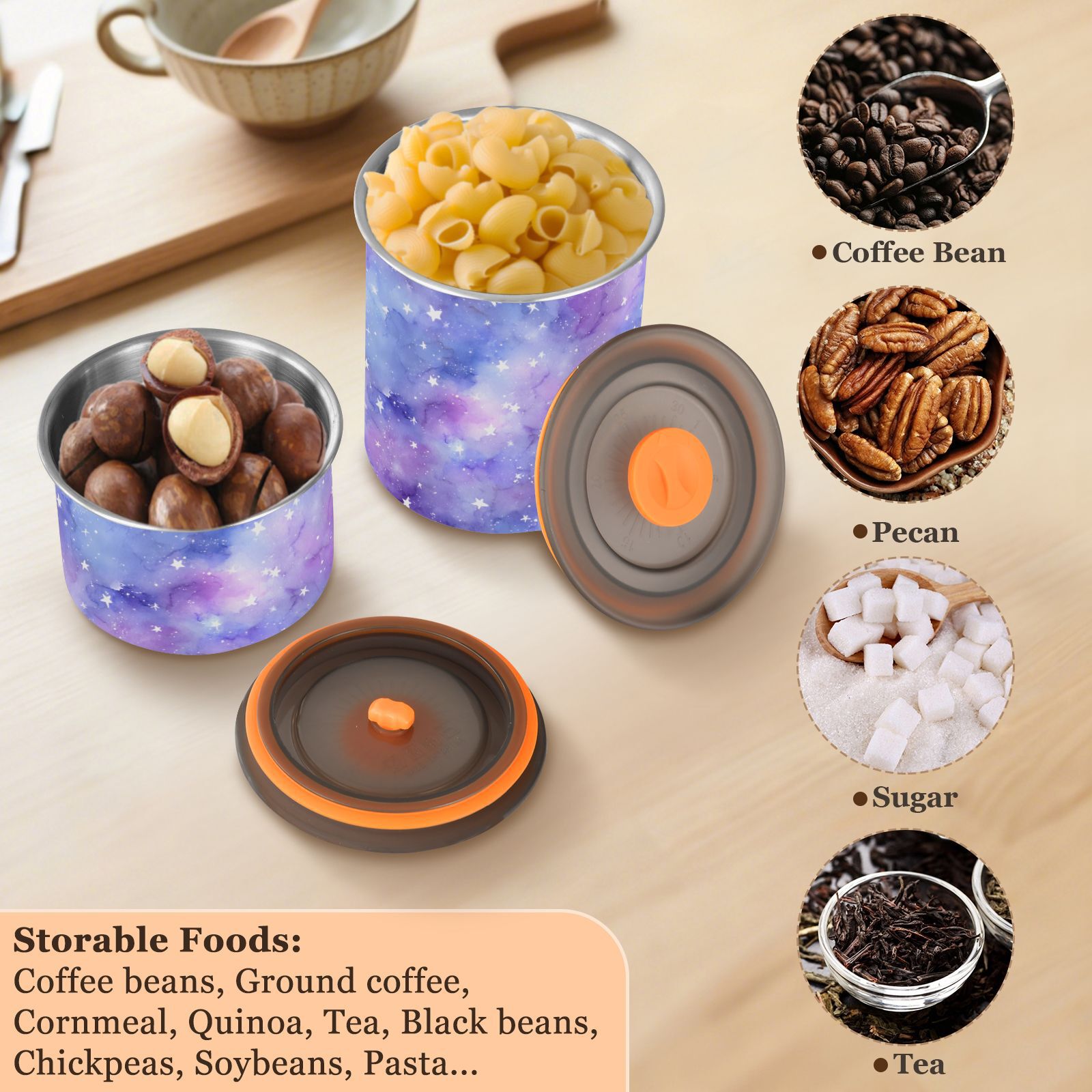 Stars Purple Airtight Coffee Bean Canister 30oz Food Storage Containers with Lids For Gournd, Tea, Sugar, Flour, Rice, Cereal, Candy Cookie Jar