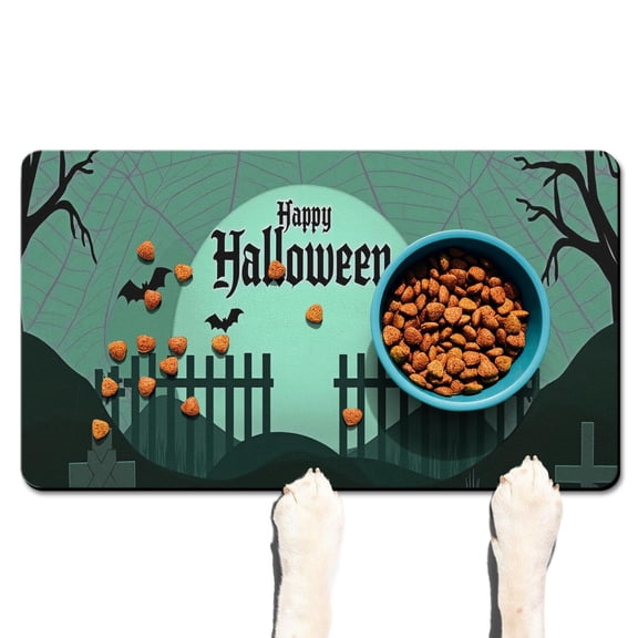 Happy Halloween Pet Food Mat Absorbent No-Slip 17x30 Inch Pet Food Mat Evil Pumpkin Ghost Cat Feeding Mat EcoFriendly Durable Pet Placemat