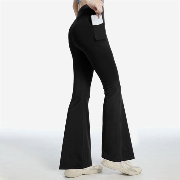 Women's High Waisted Flared Leggings with Side Pockets, Tummy Control Bootcut Yoga Pants for Women, Butt Lifting Pilates Workout Pants, Casual Flare Leggings Black L