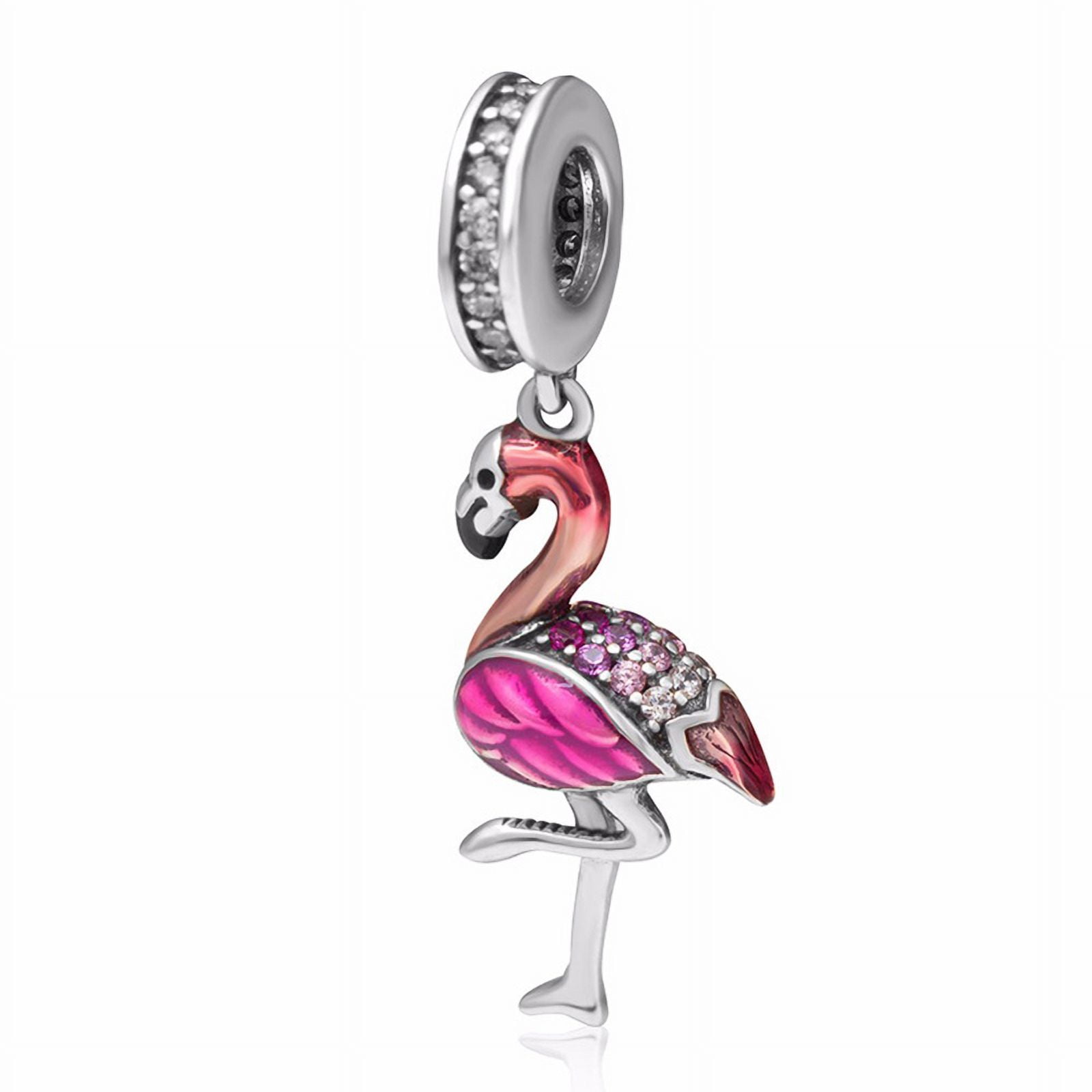 Pink Flamingo Charm for Women CZ Sterling Silver European Bead for Bracelet by Ginger Lyne