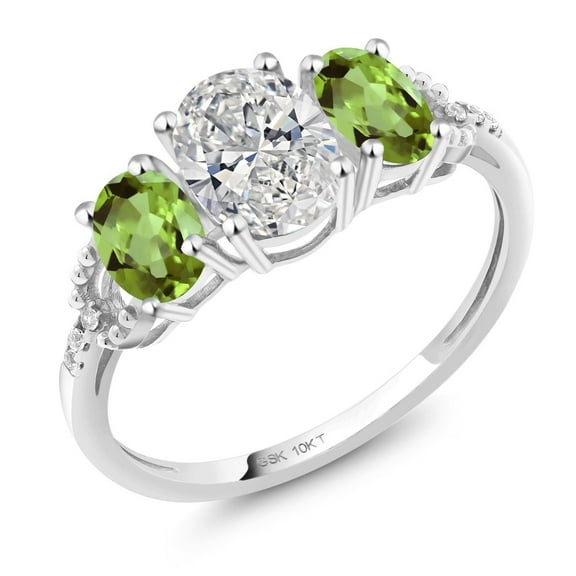 Gem Stone King 1.72 Cttw 10K White Gold Lab Grown Diamond and Green Peridot 3-Stone Engagement Ring | Center Oval Diamond 0.70 Ct | DEF Color | VVS-VS Clarity |Size 6