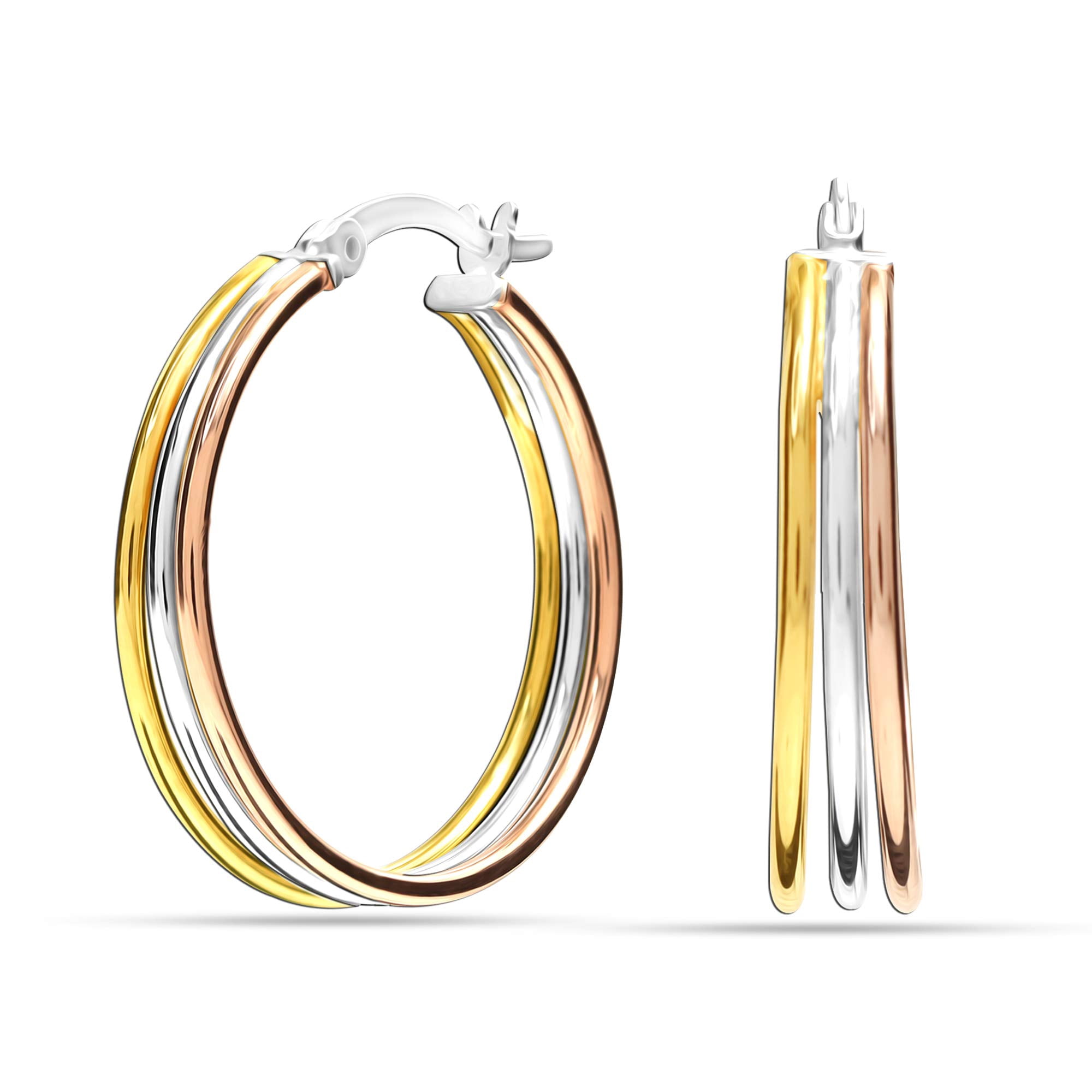 LeCalla 925 Sterling Silver Jewelry Italian Three-Tone Click-Top Hoop Earrings for Women and Teen 25MM