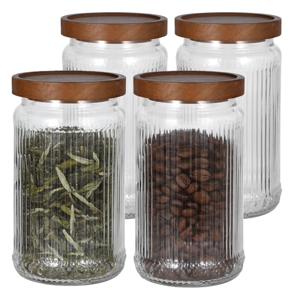4 Pcs Ribbed Glass Jars with Lids, 32 oz Large Storage Canisters with Airtight Wooden Lids, Vintage Clear Food Storage Containers for Candy, Coffee Beans, Grains, Tea, Sugar