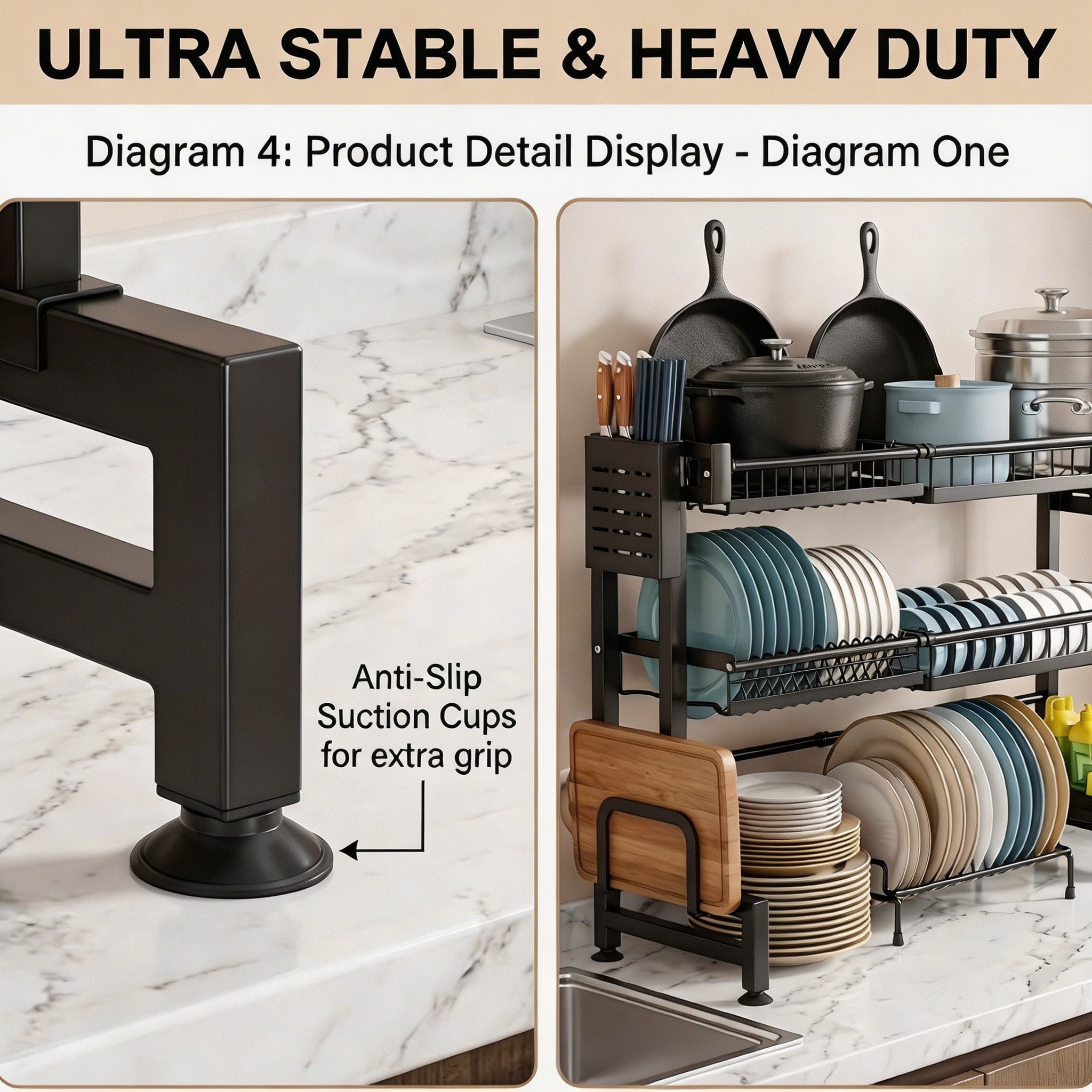 Expandable Over the Sink Dish Drying Rack, 2-Tier Adjustable Kitchen Counter Organizer (24.4-39.4in), Large Dish Drainer with Utensil Holder & Cutting Board Rack, Anti-Rust Black