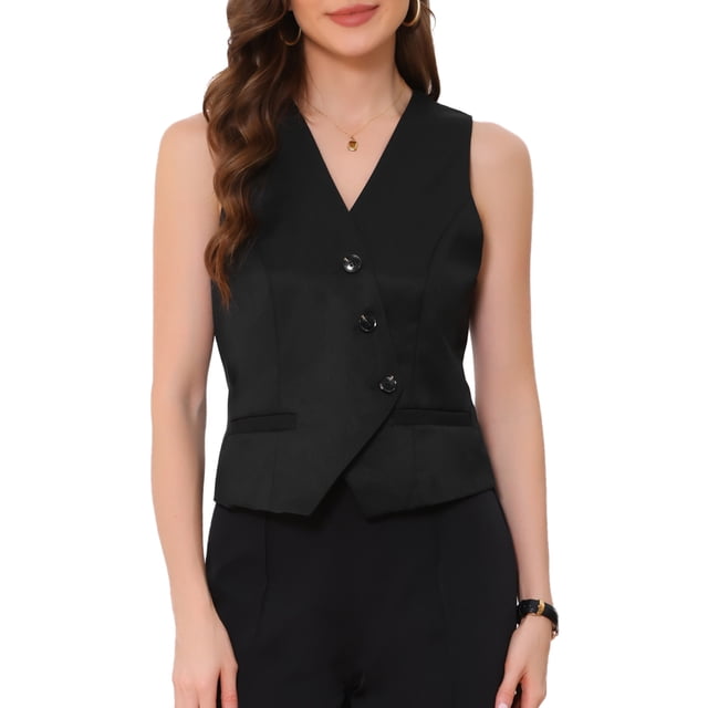 INSPIRAR CHIC Vestido de Oficina para Mujeres con Cuello en V, Botones, Sin Mangas, Corto, Talla XS, Negro