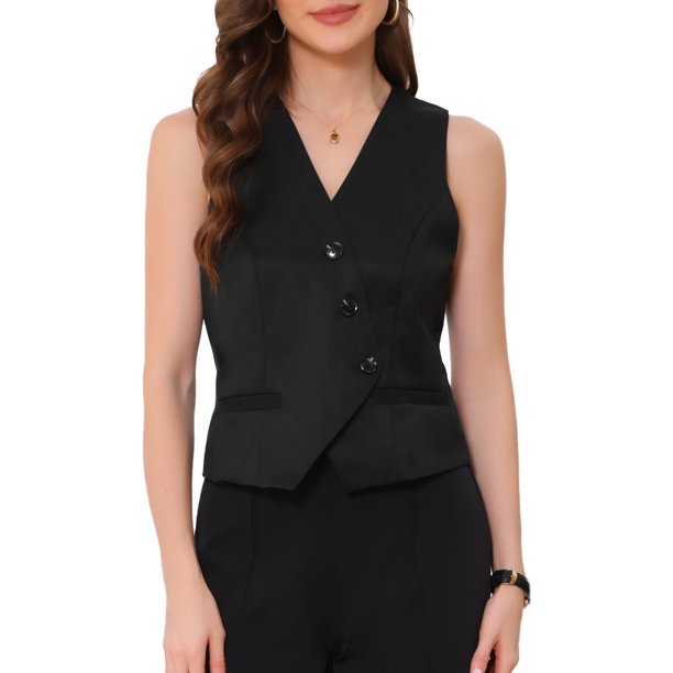 INSPIRAR CHIC Vestido de Oficina para Mujeres con Cuello en V, Botones, Sin Mangas, Corto, Talla XS, Negro