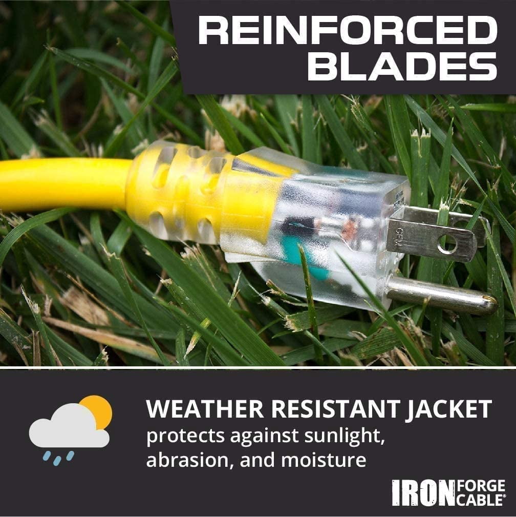Iron Forge Cable Weatherproof 15 Ft Outdoor Extension Cord - 16/3 SJTW 13 Amp Heavy Duty Highly Visible Yellow Extension Cord 3 Prong - Lighted End