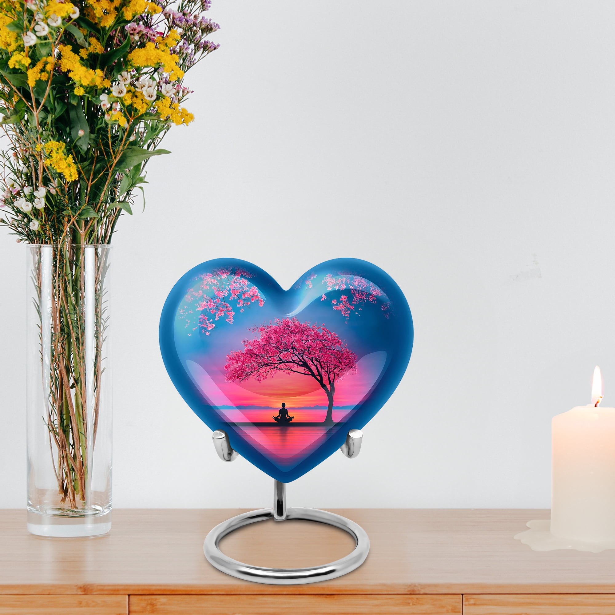 MUKTIVE Cherry Blossom Funeral Urns for Human Ashes, Adult Urn for Ashes Male & Female, Sunrise Heart Urns for Dad and Mom, Large Blue Urn for Couple Cremation, 8 Inch